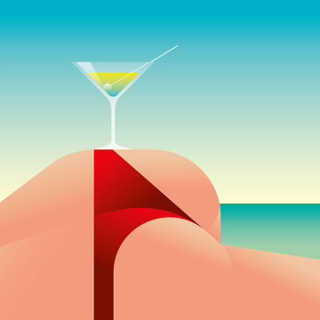 Illustration of cocktail glass on woman's hip
