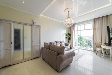 Luxury living room interior with classic decorative chandelier