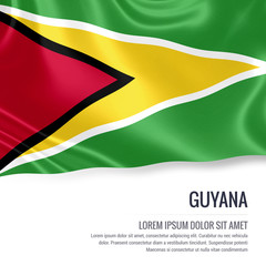 Silky flag of Guyana waving on an isolated white background with the white text area for your advert message. 3D rendering.