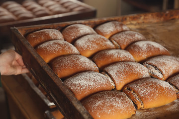Female hand holding wooden pallet with buns