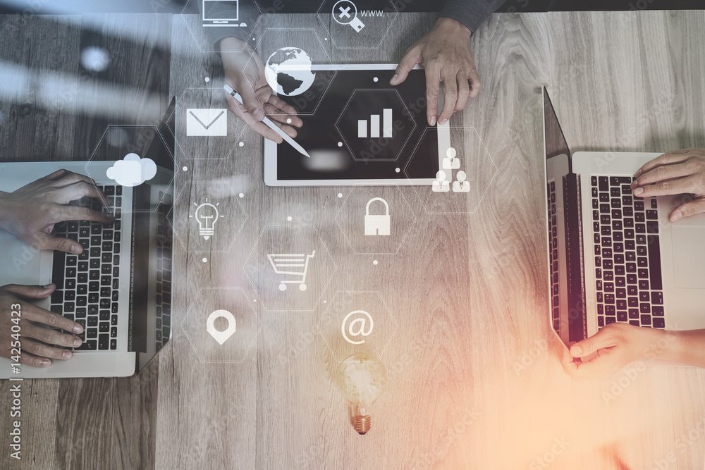 Aufkleber co working team meeting concept,businessman using smart phone and laptop and digital tablet computer in modern office with virtual interface icons network diagram