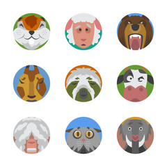 Obraz premium Cute animals emotions icons isolated fun set face happy character emoji comic adorable pet and expression smile collection wild avatar vector illustration.