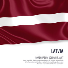 Silky flag of Latvia waving on an isolated white background with the white text area for your advert message. 3D rendering.