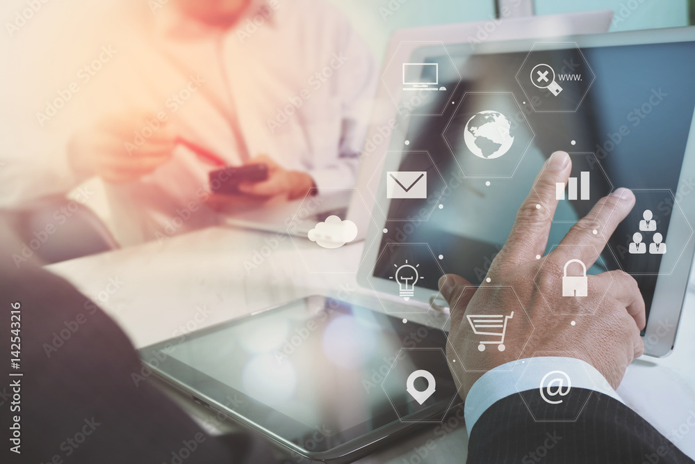 Poster co working team meeting concept,businessman using smart phone and laptop and digital tablet computer in modern office with virtual interface icons network diagram