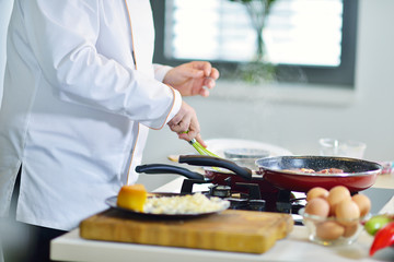 mature chef preparing a meal with various vegetables and meat