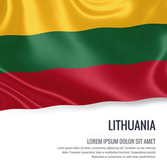 Silky flag of Lithuania waving on an isolated white background with the white text area for your advert message. 3D rendering.