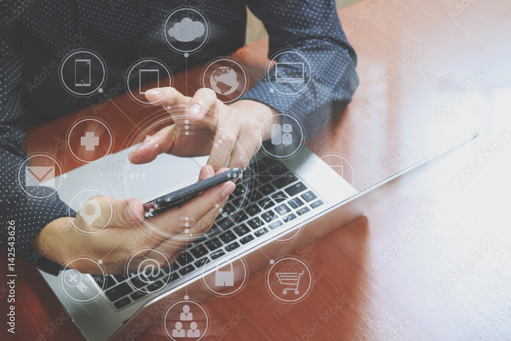 Poster top view,business man hand using smart phone,laptop, online banking payment communication network te