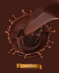 Chocolate flow, drops and splash. 3d vector icon