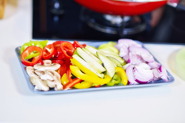 healthy foods are on the table in the kitchen