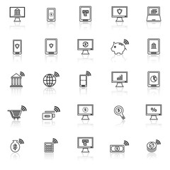 Online banking line icons with reflect on white background
