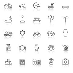 Village line icons with reflect on white background
