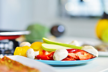 healthy foods are on the table in the kitchen