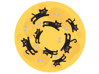 Mouse Chase Cat Over Cheese Moon Cartoon Illustration