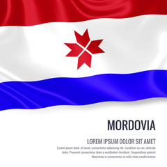 Silky flag of Mordovia waving on an isolated white background with the white text area for your advert message. 3D rendering.
