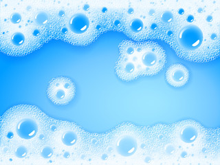 Soap sud. Vector transparent foam on blue water background - obrazy, fototapety, plakaty