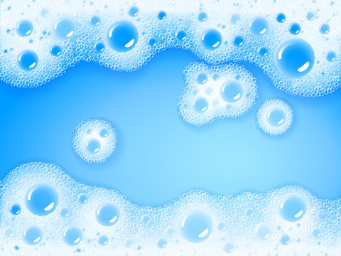 Soap sud. Vector transparent foam on blue water background