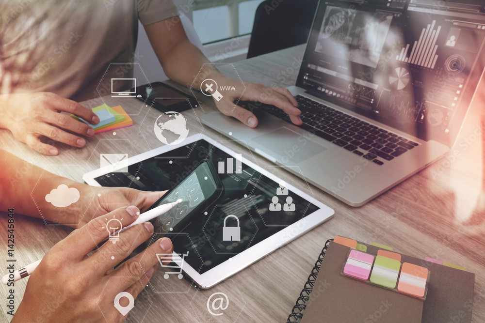 Poster co working team meeting concept,businessman using smart phone and laptop and digital tablet computer in modern office with virtual interface icons network diagram