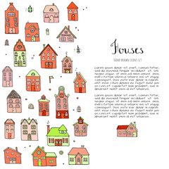 Hand drawn doodle street homes icons set. Vector illustration. Cottage symbol collection. Cartoon village buildings various sketch architectural elements: residential houses, housing, property