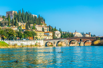 View of the ponte pietra bridge over river adige and the castle san pietro on the top a hill in the...