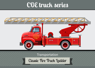 Classic COE (cab over engine) fire truck ladder side view. Vector clipart illustration