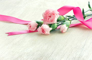 pink carnations with silk ribbon