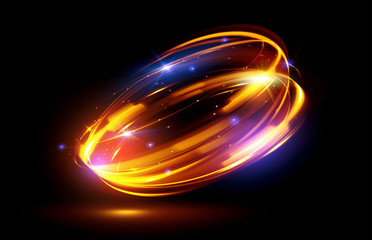 Glow effect. Ribbon glint. Abstract rotational border lines. Power energy. LED glare tape..Luminous shining neon lights cosmic abstract frame. Magic design round whirl. Swirl trail effect.