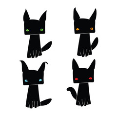 Set of four flat icons black cat.
