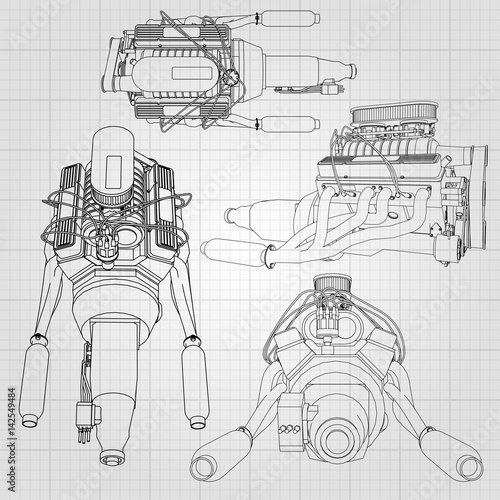 "A set of several types of powerful car engine. The engine is drawn