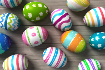 3d render of colorful painted easter eggs on wooden background