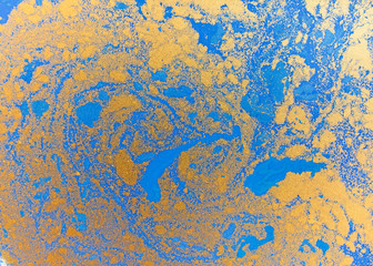 Blue and golden liquid texture, watercolor hand drawn marbling illustration, abstract background