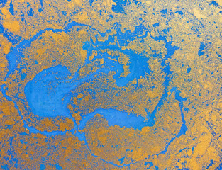 Blue and golden liquid texture, watercolor hand drawn marbling illustration, abstract background