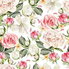 Fototapety  Jasny wzór akwarela z kwiatów piwonii, lotosu, róży i plumeria. Ilustracja