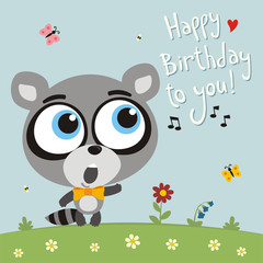 Happy birthday to you! Funny badger sings birthday song. Card with badger in cartoon style.