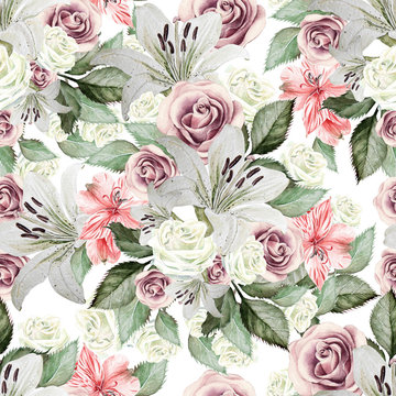 Bright watercolor seamless pattern with flowers lilies, roses, leaves and alstroemeri. illustrations