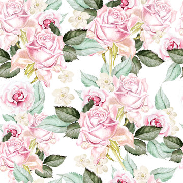 Bright watercolor seamless pattern with flowers rose.  Illustration