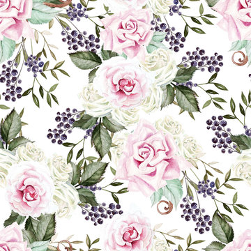 Bright watercolor seamless pattern with flowers roses, blackberries. Illustration