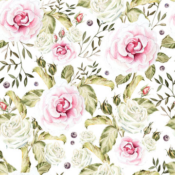 Bright watercolor seamless pattern with flowers, buds and leaves of roses. Illustration