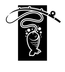 Fishing icon of fish catch on hook vector template