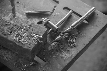 Top view of  drill bit on Drill press in industrial