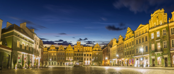 Naklejka premium Main square of the old town of Poznan, Poland,Night panorama of old town.
