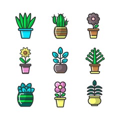 Plants in flower pots vector decoration icons set