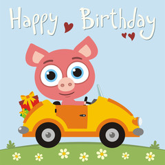 Happy birthday! Funny pig going in car with gifts for birthday. Card with pig in cartoon style for child birthday.