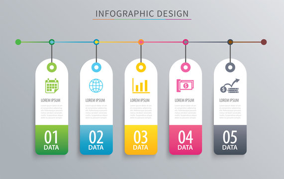 Infographics tag banner 5 option template. Vector illustration background. Can be used for workflow layout, data, business step, web design.