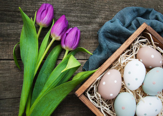 Easter eggs and tulips