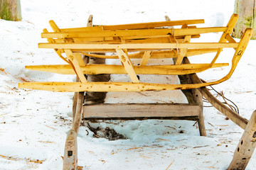 A journey into Siberia, Russia. Economic wooden utensils in the Finno-Ugric peoples Khanty and Mansi, the sled the sled in natural wood