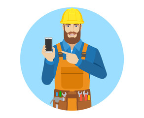 Worker pointing at a mobile phone