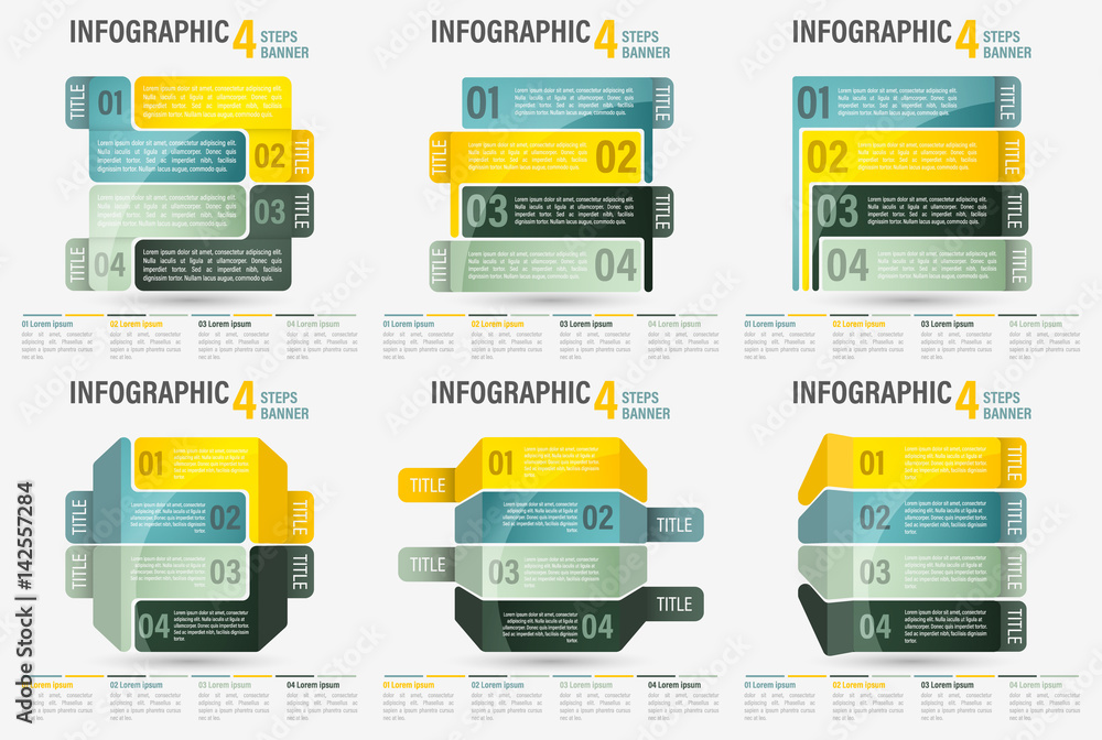 Fototapete Set of abstract vector business four steps infographic template. Can be used for layout, workflow, number options.