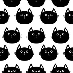 Fototapeta premium Black cat. Cute cartoon character. Baby pet collection. Seamless Pattern Wrapping paper, textile template. White background. Flat design.