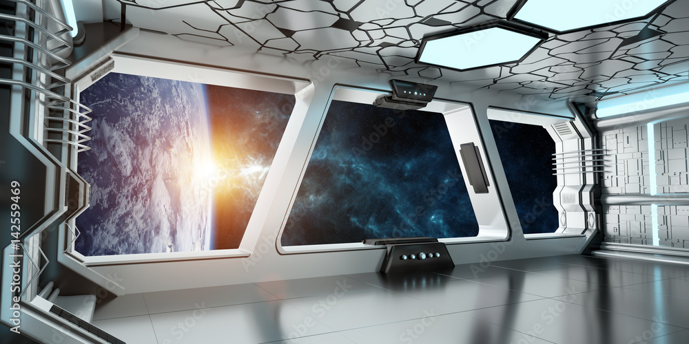 Poster spaceship interior with view on the planet earth 3d rendering elements of this image furnished by na