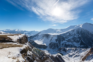 Fototapeta na wymiar Spring landscape in Caucasus Mountains, Georgia, ski resort Gudauri